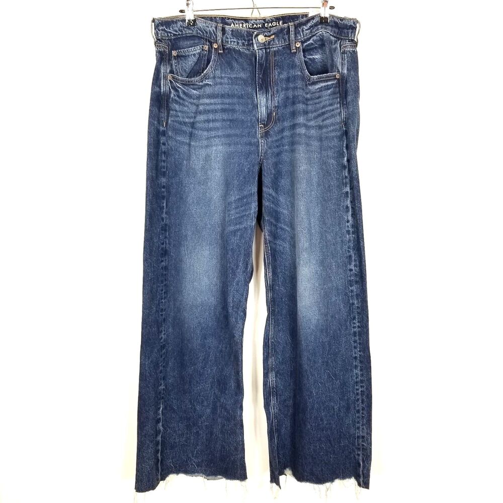 American Eagle Women Super High Rise Baggy Wide Leg Jeans Size 14 Blue Raw Hem